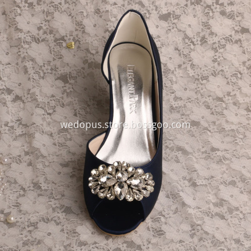 Navy 3" Heel Wedding Shoe Wedge Heel with Brooch